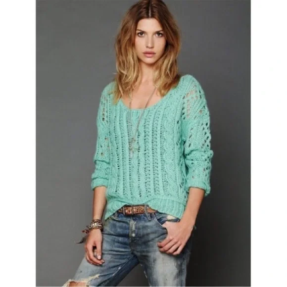 Free People Y2K Green Open Chunky Wool Mohair Blend Cable Knit Sweater Size M - Picture 13 of 16